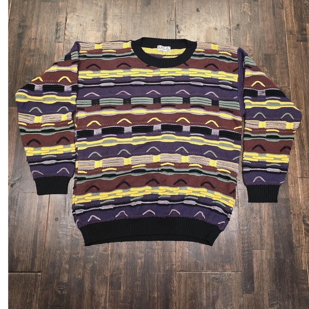 Vintage 90s Area 3D Textured Knit Funky Grandpa Sweater Men XL Crewneck Fall USA